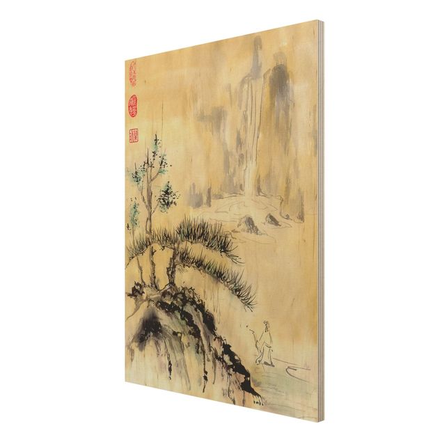 Obrazy z drewna Japońska akwarela Rysowanie cedrów i gór