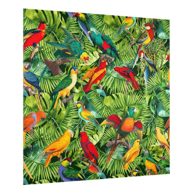 Panele szklane do kuchni Colourful Collage - Parrots In The Jungle
