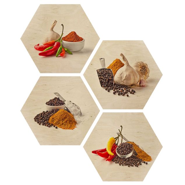 Obraz heksagonalny z drewna 4-częściowy - Chili, czosnek i przyprawy - zestawy