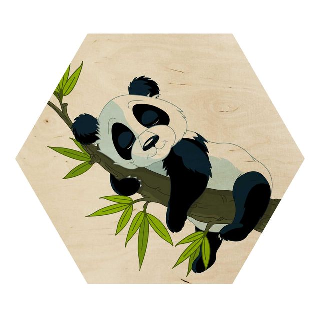 Obraz heksagonalny z drewna - Śpiąca panda