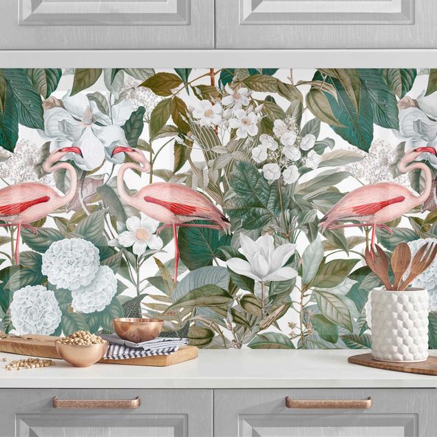 Dekoracja do kuchni Różowe flamingi z liśćmi i białymi kwiatami II