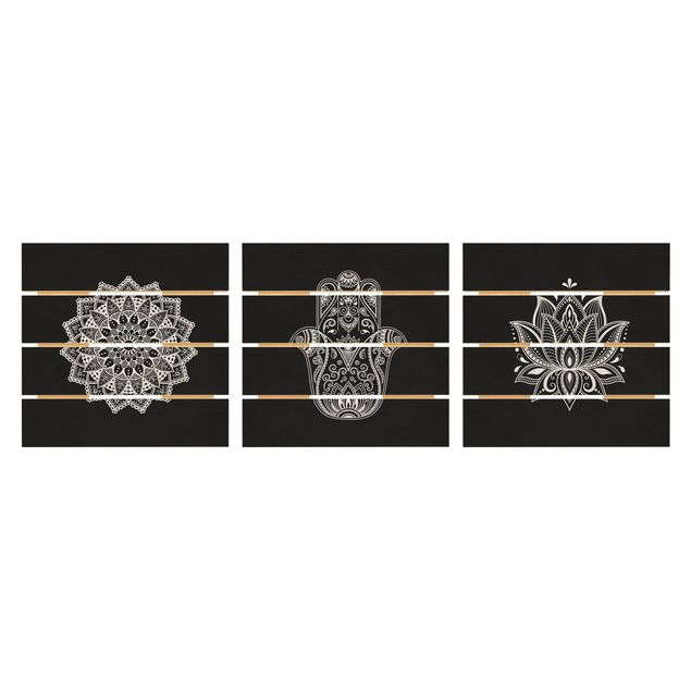 Obraz z drewna 3-częściowy - Mandala Hamsa Zestaw lotosu na rękę w kolorze czarnym