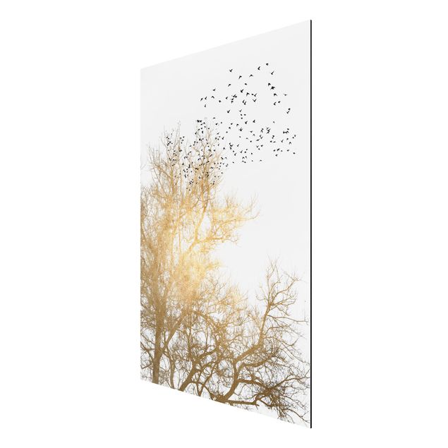 Obrazy nowoczesny Stado ptaków na tle złotego drzewa