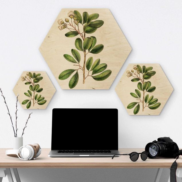 Obraz heksagonalny z drewna - Liście z kwiatami III