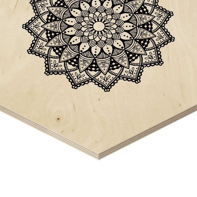 Obraz heksagonalny z drewna 3-częściowy - Mandala Hamsa Zestaw Lotos Ręczny na Białym
