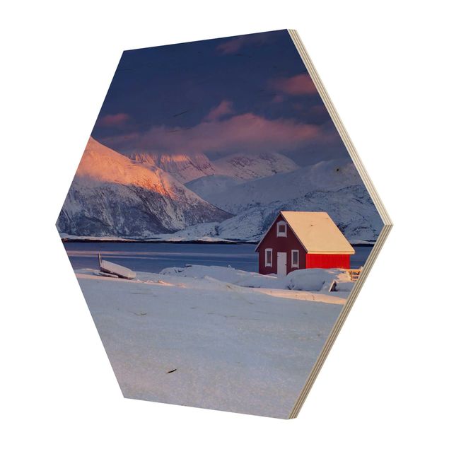 Obraz heksagonalny z drewna - Domek Świętego Mikołaja