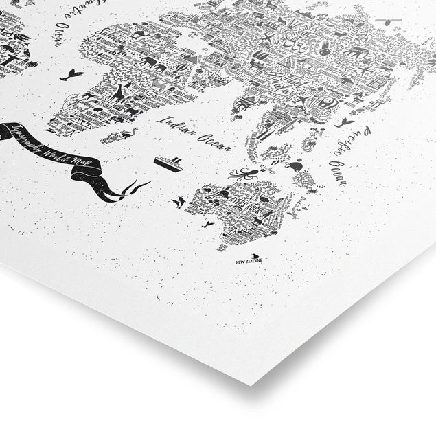 Obrazy z napisami Typografia Mapa świata biała
