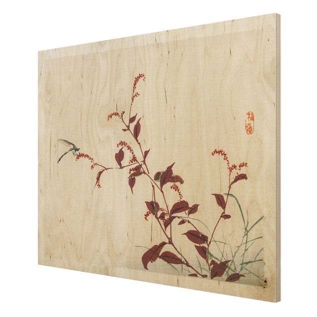 Obrazy z drewna Rysunki azjatyckie Vintage Czerwona gałązka z ważką