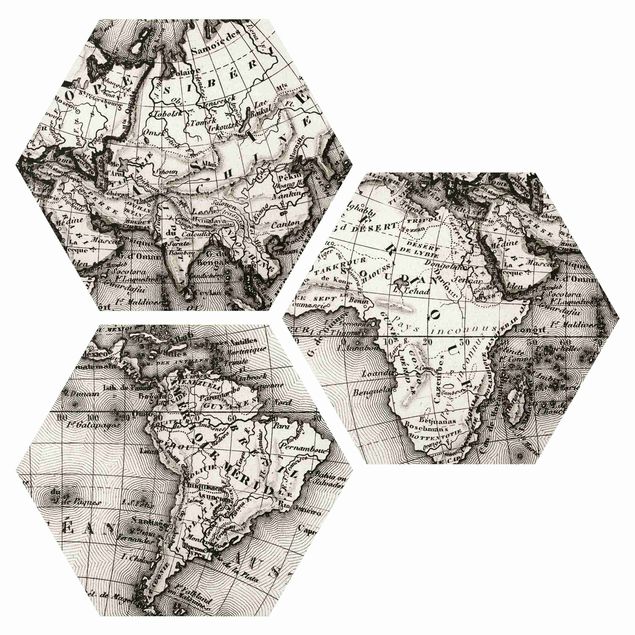 Obraz heksagonalny z Alu-Dibond 3-częściowy - Szczegóły starej mapy świata
