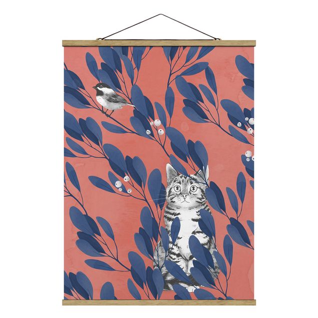 Obraz z kotem Ilustracja przedstawiająca kota i ptaka na gałęzi Niebieskoczerwony