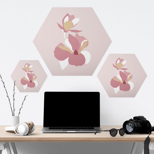 Obraz heksagonalny z Forex - Line Art Kwiaty pastelowy róż