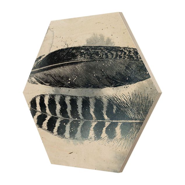 Obraz heksagonalny z drewna - Dwa pióra - akwarele