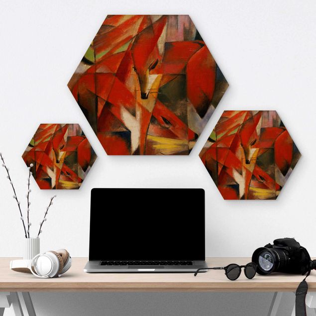 Obraz heksagonalny z drewna - Franz Marc - Lisy