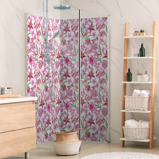 Panele ścienne do łazienki pod prysznic Pink Flowers With Butterflies