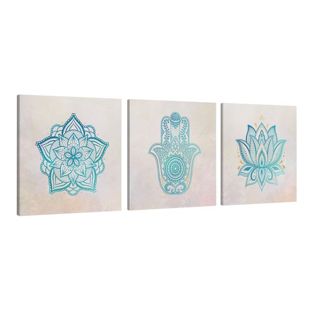 Obrazy nowoczesny Mandala Hamsa Hand Lotus Set złoty niebieski