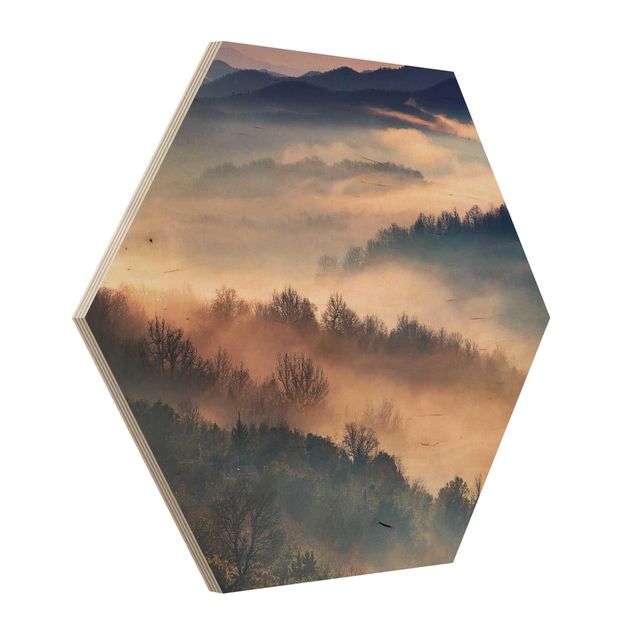 Obraz heksagonalny z drewna - Mgła o zachodzie słońca