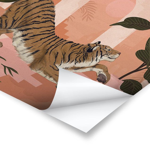 Plakat o zwierzętach Ilustracja tygrysa w pastelowym różowym malarstwie