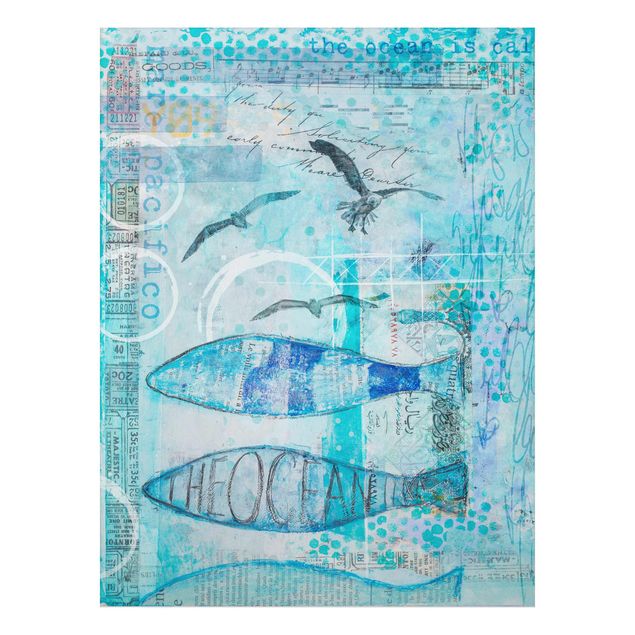 Obrazy do salonu nowoczesne Kolorowy kolaż - Niebieskie rybki