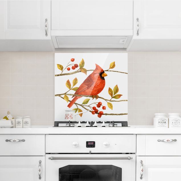Panele szklane do kuchni Ptaki i jagody - Czerwony kardynał
