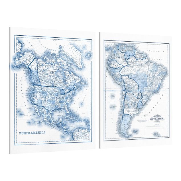 Obraz niebieski Mapy w odcieniach niebieskiego Ameryka Północna i Południowa Zestaw I