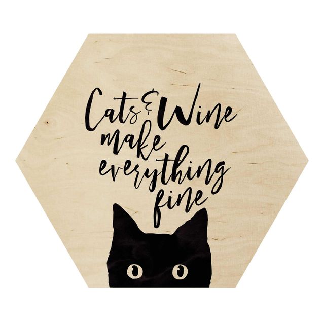 Obraz heksagonalny z drewna - Koty i wino sprawiają, że wszystko jest w porządku