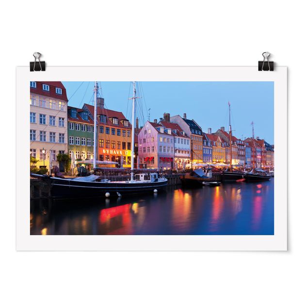 Plakaty architektura Port w Kopenhadze wieczorem