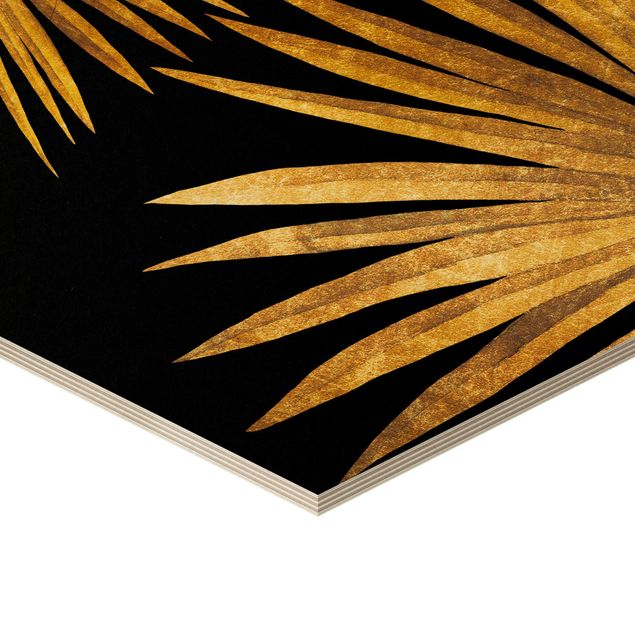 Obraz heksagonalny z drewna - Złoto - liść palmy na czarnym tle