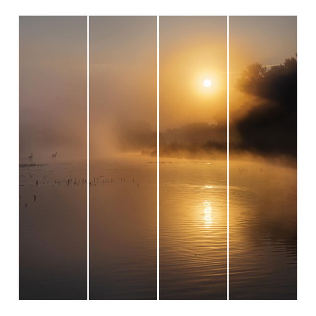 Rainer Mirau obrazy Wschód słońca nad jeziorem z jeleniami we mgle