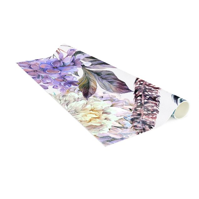 dywany nowoczesne Delikatny akwarelowy wzór w kwiaty boho i pióra