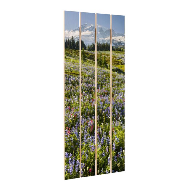 Obraz z drewna - Mountain Meadow With Red Flowers in Front of Mt. Rainier
