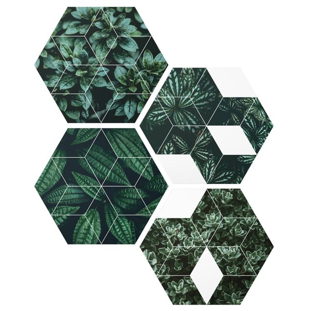 Obraz heksagonalny z Alu-Dibond 4-częściowy - Geometria zielonych liści Zestaw I