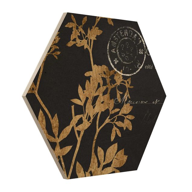 Obraz heksagonalny z drewna - Złote liście na Mocha I