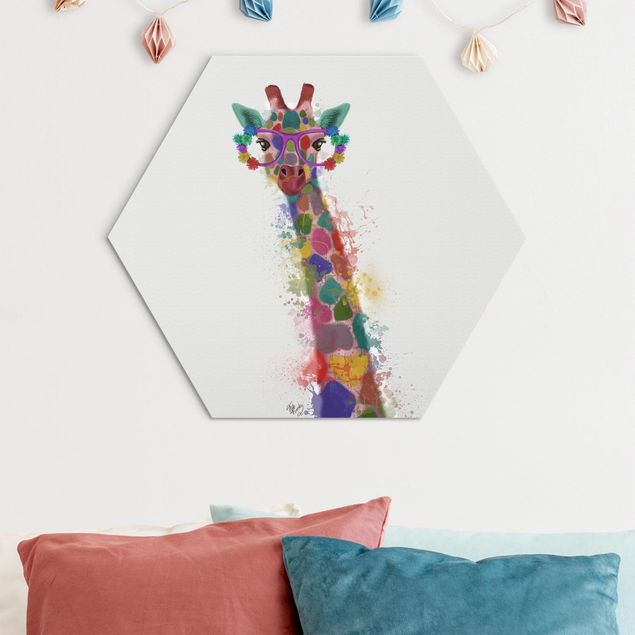 Obraz heksagonalny z Alu-Dibond - Rainbow Splash Żyrafa