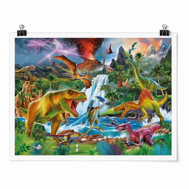 Obraz kolorowy Dinozaury w czasie pierwotnej burzy