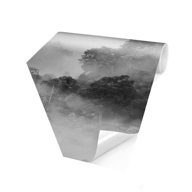 Sześciokątna tapeta samoprzylepna - Dżungla we mgle czarno-biały