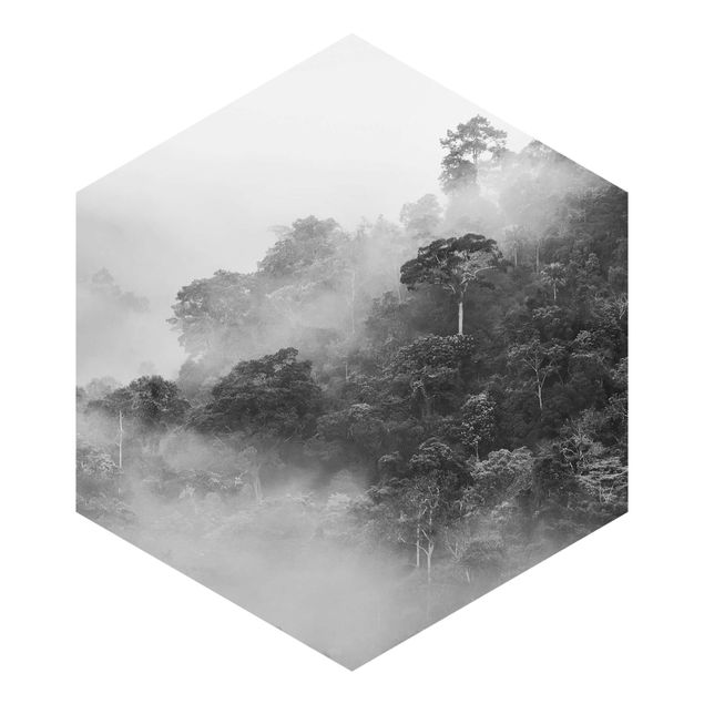 Sześciokątna tapeta samoprzylepna - Dżungla we mgle czarno-biały