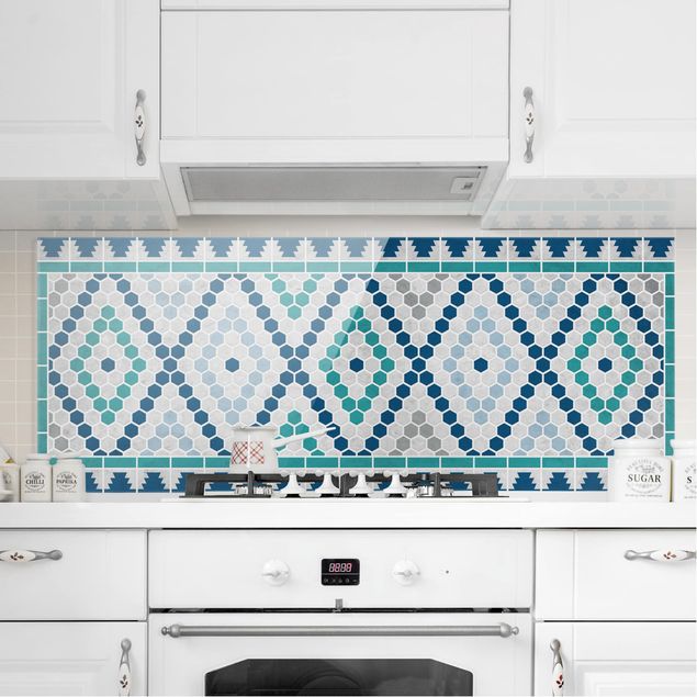 Dekoracja do kuchni Wzór płytek marokańskich turkusowoniebieski