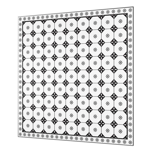 Panel szklany do kuchni - Geometryczne płytki dom wiejski czarno-biały z obramowaniem