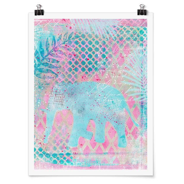 Obrazy krajobraz Kolorowy kolaż - słoń w kolorze niebieskim i różowym