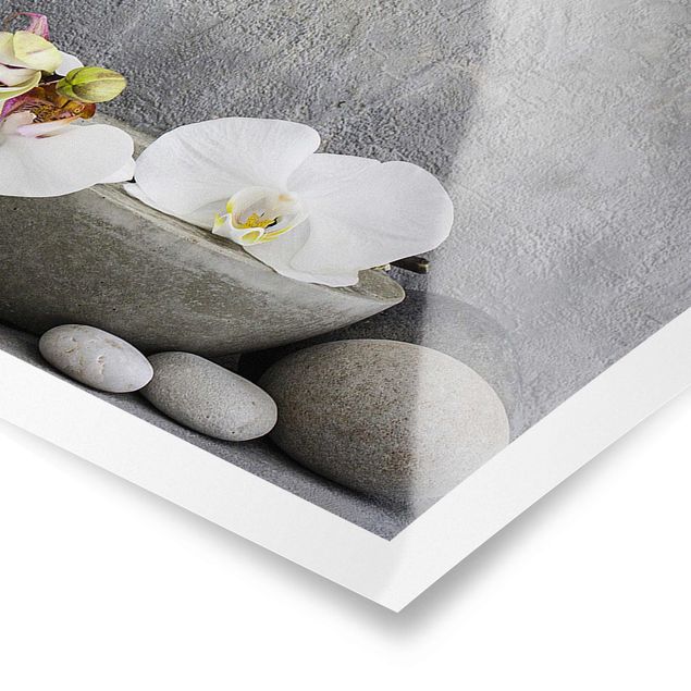Szary obraz Budda Zen z białymi orchideami