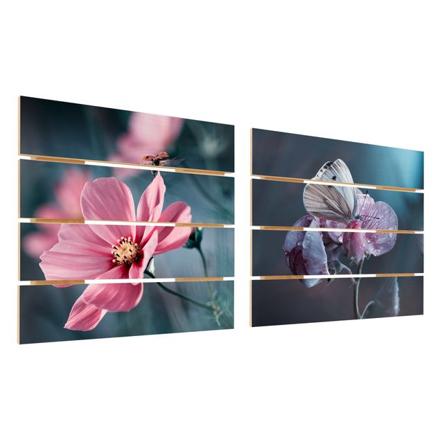 Obraz z drewna 2-częściowy - Motylek i biedronka na kwiatach