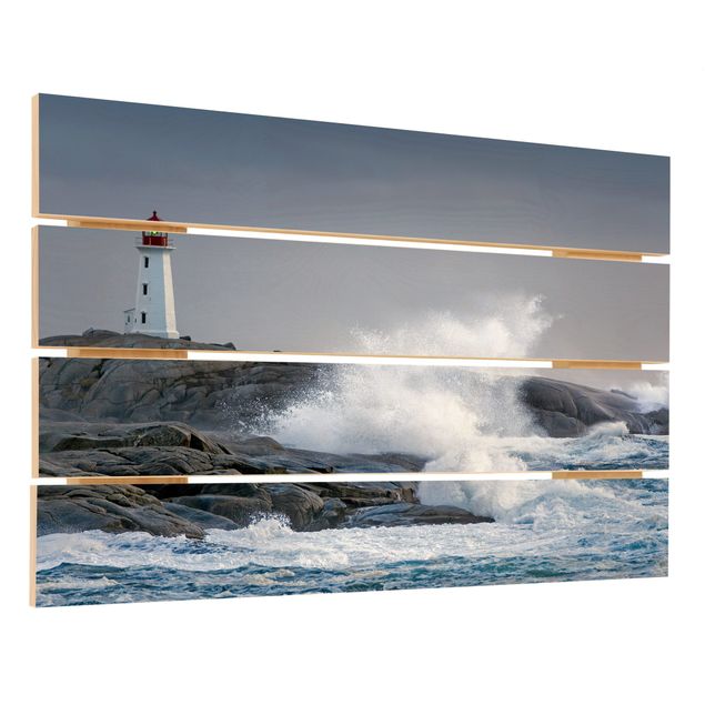 Obraz z drewna - Fale sztormowe przy latarni morskiej