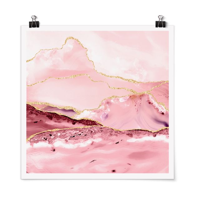 Nowoczesne obrazy Abstrakcyjne góry w kolorze różowym ze złotymi liniami