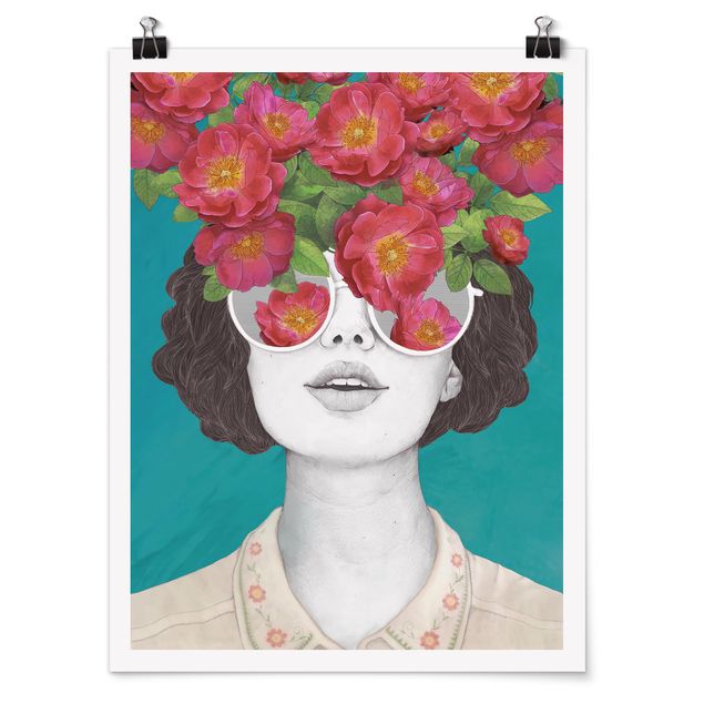 Obrazy portret Ilustracja portret kobiety Kolaż z kwiatami Okulary