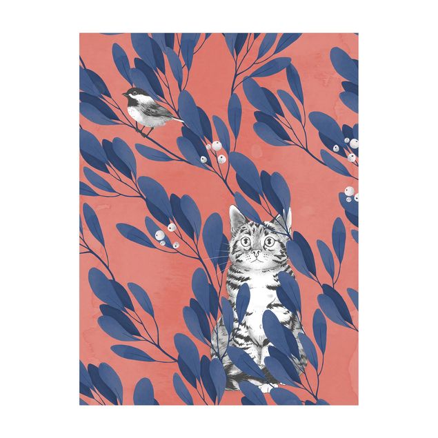 czerwone dywany Ilustracja przedstawiająca kota i ptaka na gałęzi Niebieskoczerwony