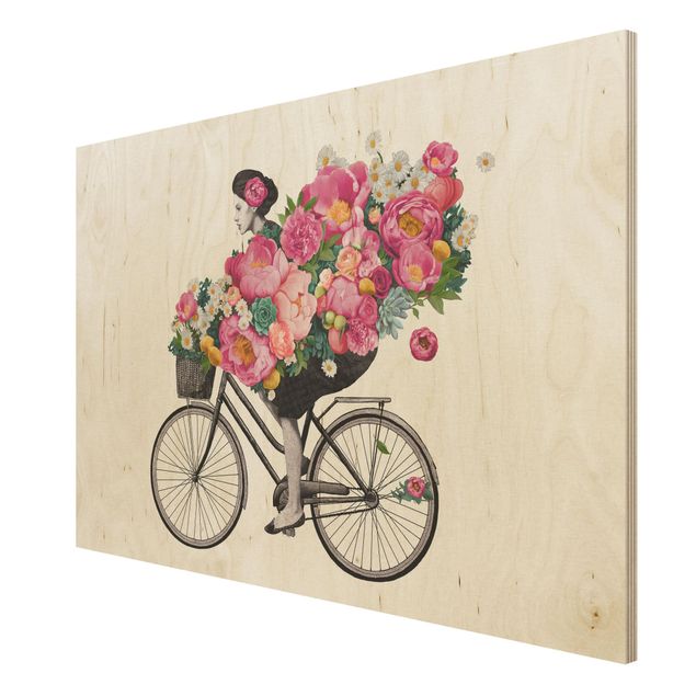 Laura Graves Art obrazy Ilustracja Kobieta na rowerze Kolaż kolorowych kwiatów