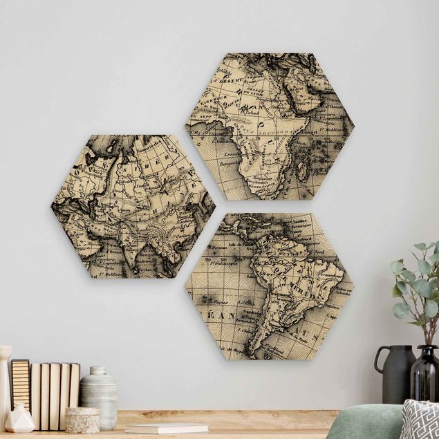 Obraz heksagonalny z drewna 3-częściowy - Szczegóły starej mapy świata