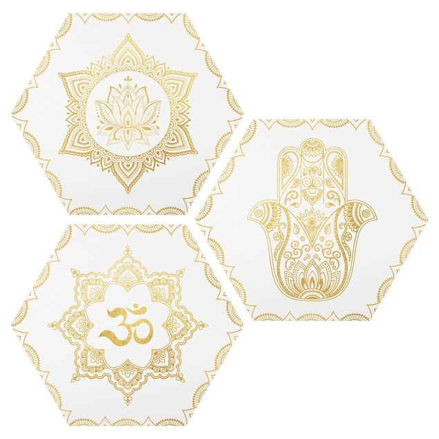 Obraz heksagonalny z Alu-Dibond 3-częściowy - Hamsa Hand Lotus OM Zestaw ilustracji złoty