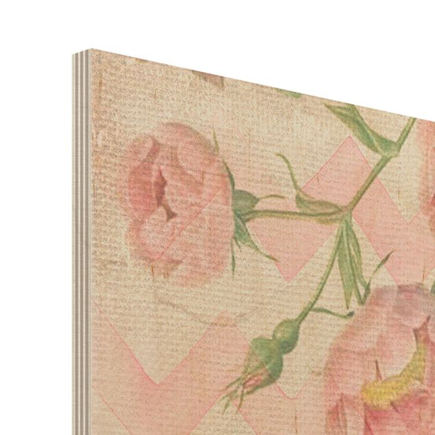 Obraz z drewna - Kolaż w stylu vintage - różowe kwiaty, słoń