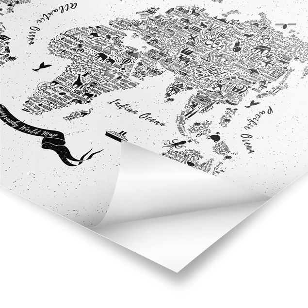 Plakaty czarno białe Typografia Mapa świata biała